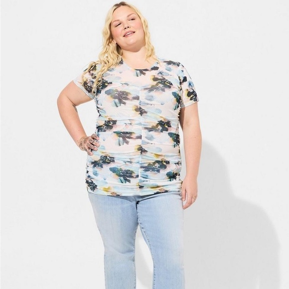 torrid Tops - TORRID Stretch Mesh Crew Neck Ruched Top